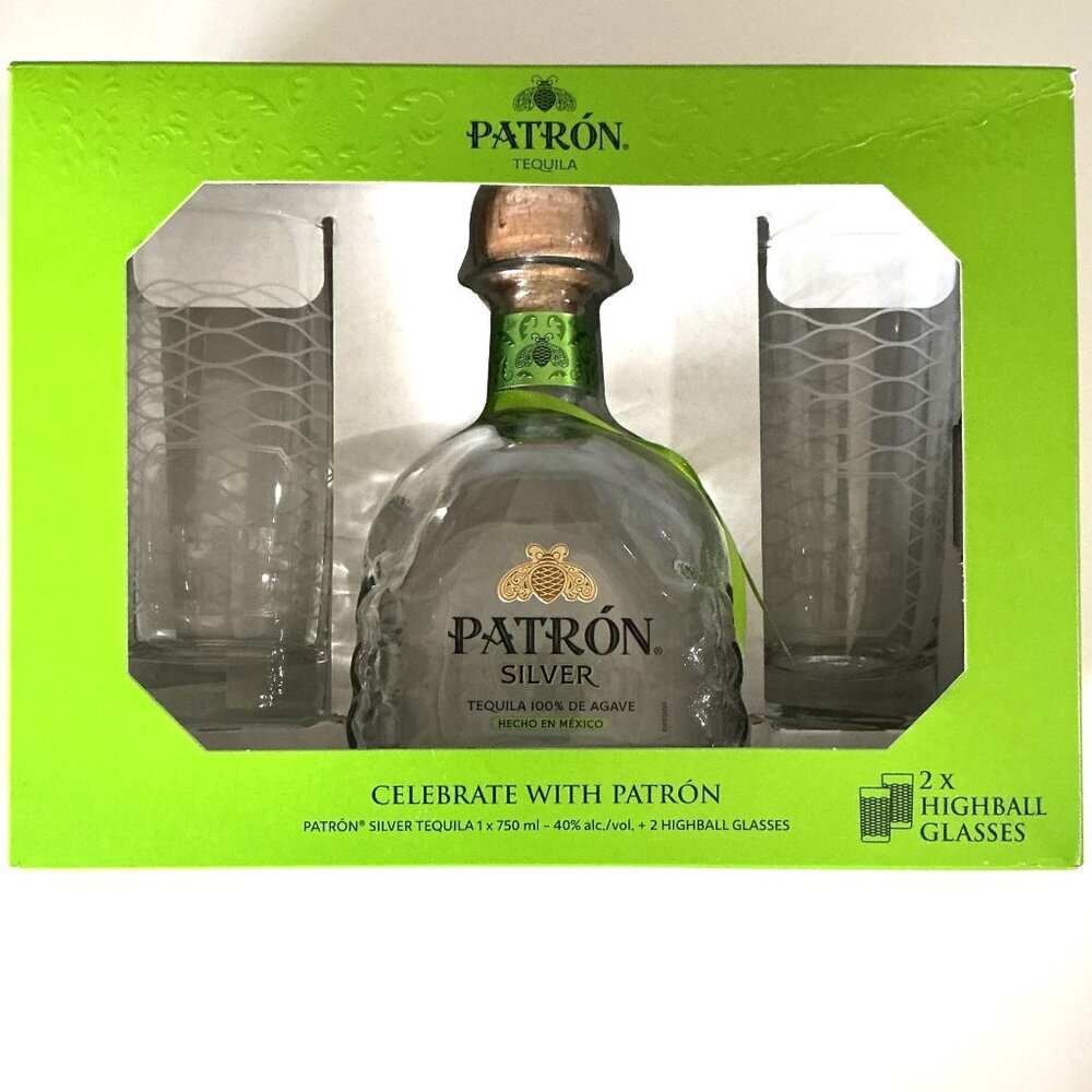PATRON TEQUILA BOTTLE WITH BAR GLASSES SET NEW BOTTLE DESIGN